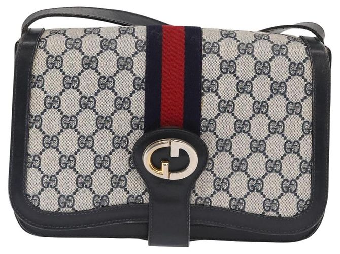 Borsa a Spalla Gucci GG Supreme Sherry Line PVC Navy Gold Auth ka2109 D'oro Blu navy - vista 13