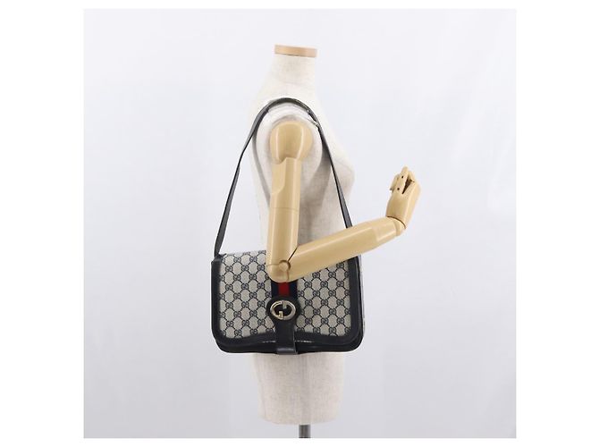Borsa a Spalla Gucci GG Supreme Sherry Line PVC Navy Gold Auth ka2109 D'oro Blu navy - vista 25