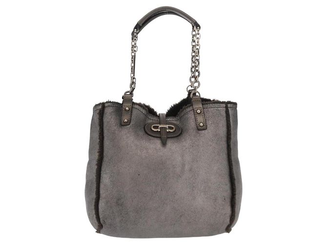 Bolsa de Mão Gancini Salvatore Ferragamo Mouton Cinza Auth 169029 Marrom - vista 13