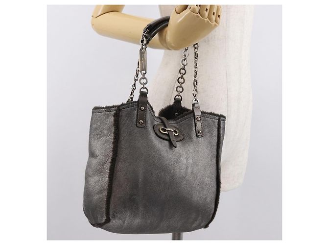 Bolsa de Mão Gancini Salvatore Ferragamo Mouton Cinza Auth 169029 Marrom - vista 18