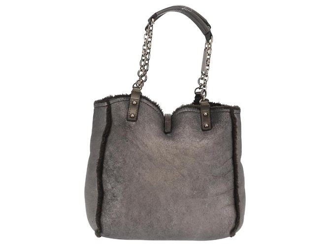Bolsa de Mão Gancini Salvatore Ferragamo Mouton Cinza Auth 169029 Marrom - vista 2