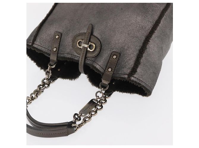 Bolsa de Mão Gancini Salvatore Ferragamo Mouton Cinza Auth 169029 Marrom - vista 6