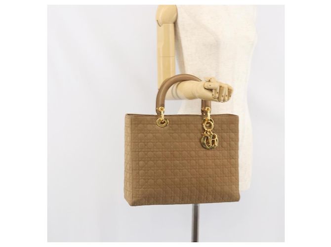 Christian Dior Borsa Lady Dior in nylon beige e oro Auth ep13008 D'oro - vista 23