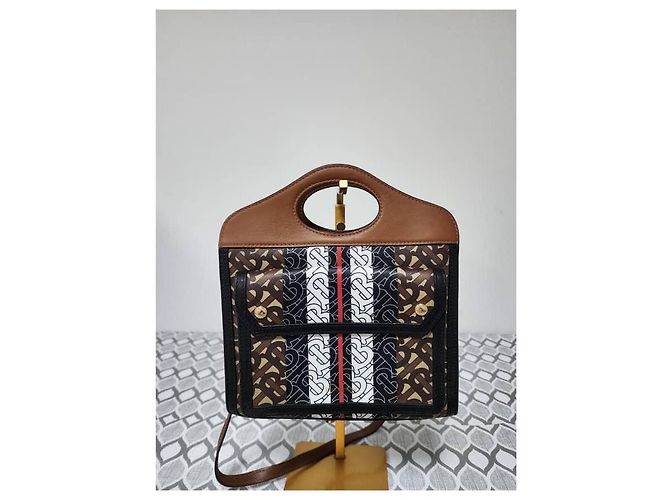 Borsa a Spalla Pocket Mini Monogram Stripe E-Canvas Burberry Marrone/Nero/Bianco - vista 12