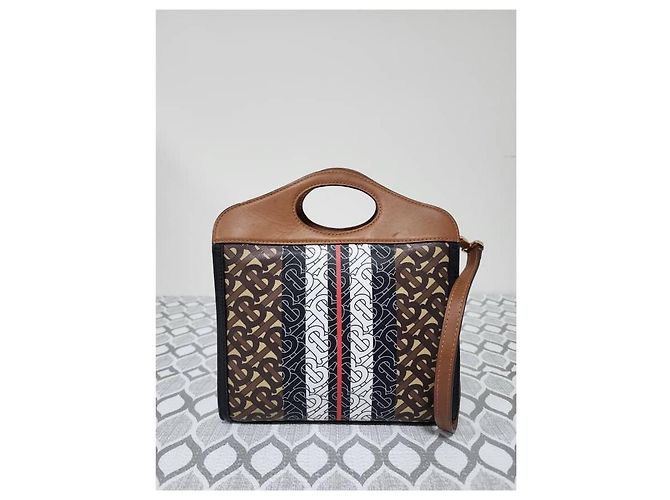 Borsa a Spalla Pocket Mini Monogram Stripe E-Canvas Burberry Marrone/Nero/Bianco - vista 13