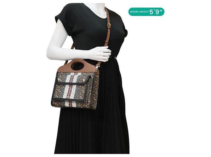 Borsa a Spalla Pocket Mini Monogram Stripe E-Canvas Burberry Marrone/Nero/Bianco - vista 14
