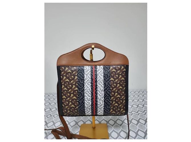 Borsa a Spalla Pocket Mini Monogram Stripe E-Canvas Burberry Marrone/Nero/Bianco - vista 3
