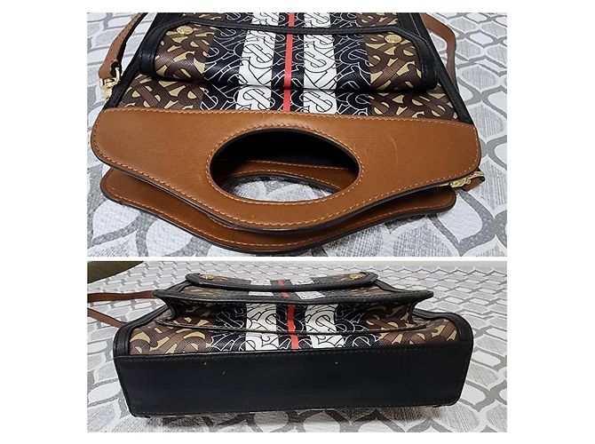 Borsa a Spalla Pocket Mini Monogram Stripe E-Canvas Burberry Marrone/Nero/Bianco - vista 4