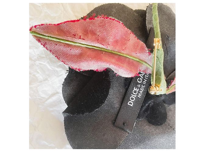 Wunderschöne DOLCE & GABBANA Blumenbrosche mit Samtblütenblättern und Blättern Schwarz Grün Haselnuss - Ansicht 11