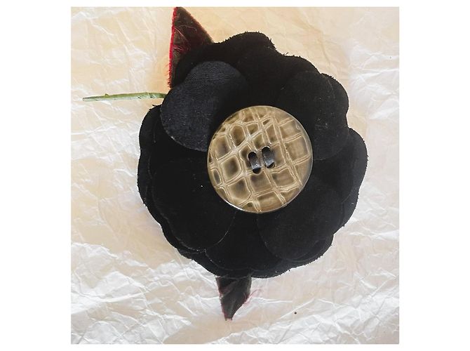 Wunderschöne DOLCE & GABBANA Blumenbrosche mit Samtblütenblättern und Blättern Schwarz Grün Haselnuss - Ansicht 3