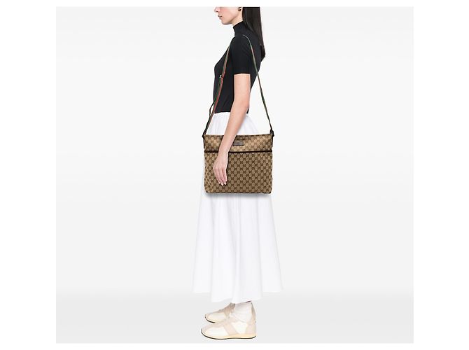 Borsa a tracolla Gucci in tela GG marrone con web Beige - vista 7