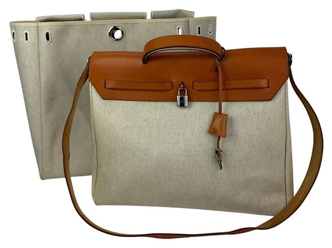 Bolsa de ombro Hermès Toile Vache Herbag 39 MM Natural Marrom - vista 2