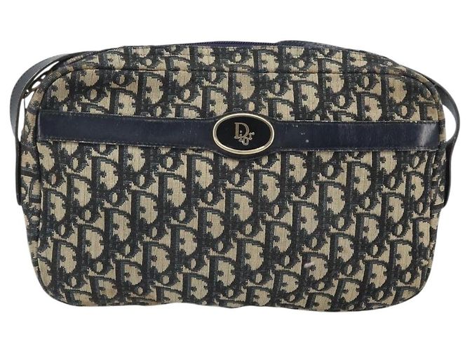 Borsa a Spalla in Tela Trotter Christian Dior Blu Navy Oro Auth 170261 D'oro - vista 13