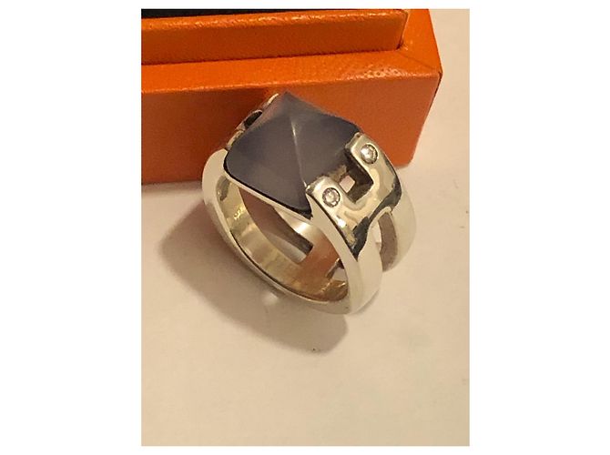 Anillo Hermès de plata con piedra de luna y diamante - vista 18