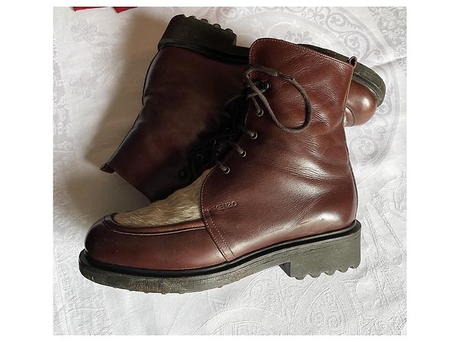 Stivaletti stringati Kenzo in pelle marrone e pony T 38 Marrone scuro - vista 2