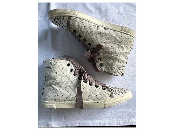Lanvin High-Top-Sneaker aus beigem Leder mit Python-Spitze Größe 39 - Ansicht 3