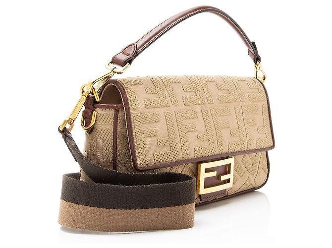 Fendi FF Bestickte Canvas Baguette Schultertasche Braun Beige - Ansicht 2