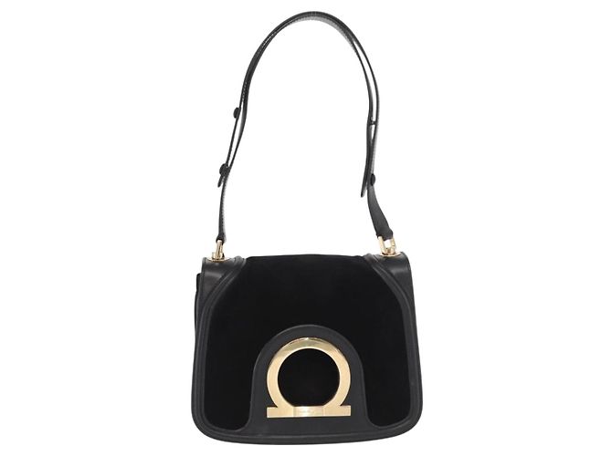 Borsa a Spalla Gancini in Pelle Scamosciata Nera e Oro Salvatore Ferragamo Auth 149888V Nero D'oro - vista 13