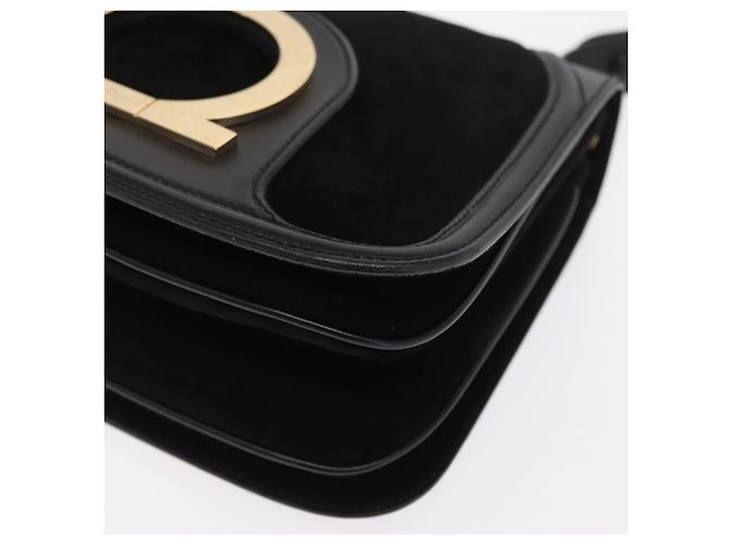 Borsa a Spalla Gancini in Pelle Scamosciata Nera e Oro Salvatore Ferragamo Auth 149888V Nero D'oro - vista 15