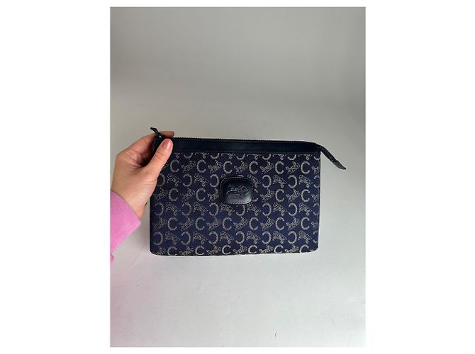 Céline Clutch Vintage Celine Paris Monogramma Blu Navy Bianco - vista 4