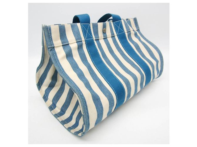 Hermès Cannes MM Baumwoll-Canvas Tote Bag Weiß Blau - Ansicht 6