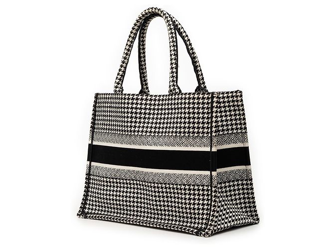 Book Tote Borsa Tote Dior Nera Media in Tela Houndstooth Ricamata Nero - vista 2