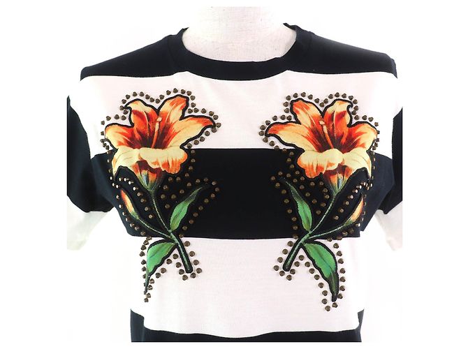Gucci Mare Gothicum T-Shirt mit Blumenrandmuster Schwarz Weiß Grün Orange - Ansicht 4