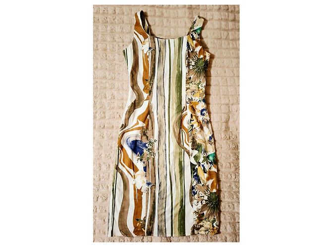 Autre Marque Vestido de algodón con estampado floral y rayas Castaño Blanco Azul Multicolor Verde - vista 3