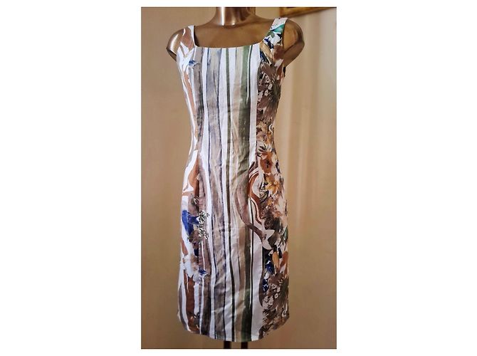 Autre Marque Vestido de algodón con estampado floral y rayas Castaño Blanco Azul Multicolor Verde - vista 6