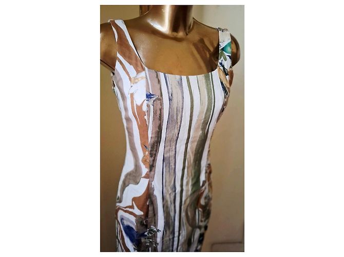 Autre Marque Vestido de algodón con estampado floral y rayas Castaño Blanco Azul Multicolor Verde - vista 8