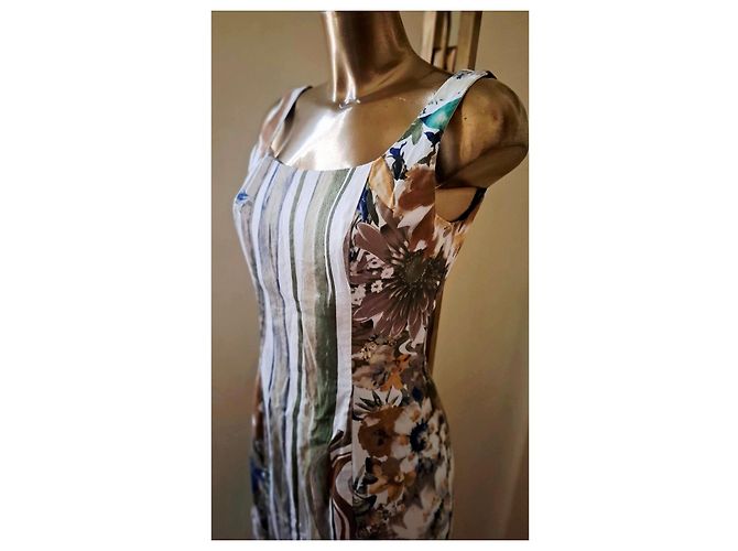 Autre Marque Vestido de algodón con estampado floral y rayas Castaño Blanco Azul Multicolor Verde - vista 9