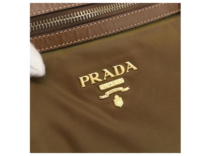 Borsa Tote PRADA in nylon pelle khaki oro Auth ti3738 D'oro Cachi - vista 16