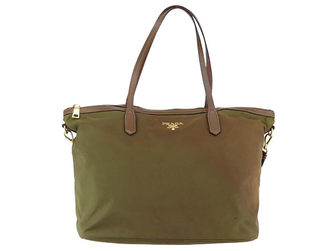 Borsa Tote PRADA in nylon pelle khaki oro Auth ti3738 D'oro Cachi - vista 2