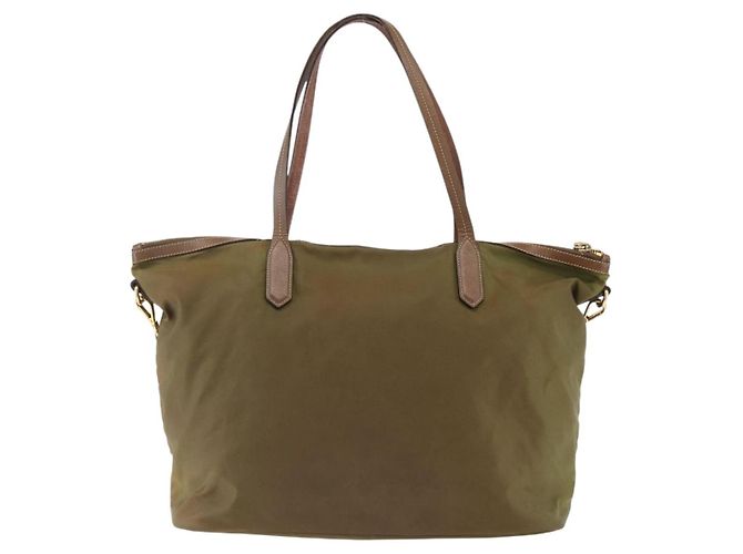 Borsa Tote PRADA in nylon pelle khaki oro Auth ti3738 D'oro Cachi - vista 3