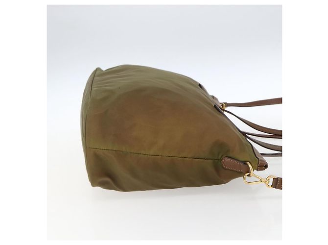 Borsa Tote PRADA in nylon pelle khaki oro Auth ti3738 D'oro Cachi - vista 5