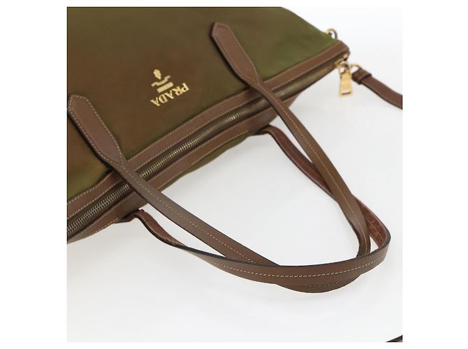 Borsa Tote PRADA in nylon pelle khaki oro Auth ti3738 D'oro Cachi - vista 7