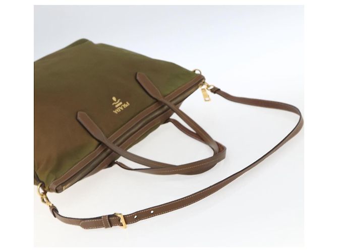 Borsa Tote PRADA in nylon pelle khaki oro Auth ti3738 D'oro Cachi - vista 9