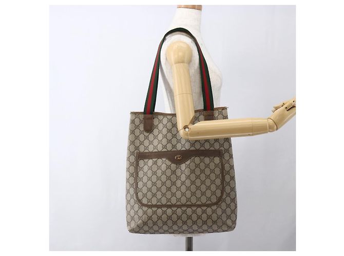 Borsa tote Gucci GG Supreme Web Sherry Line in PVC beige e oro 16 002 4487 Auth ti3729 D'oro - vista 21