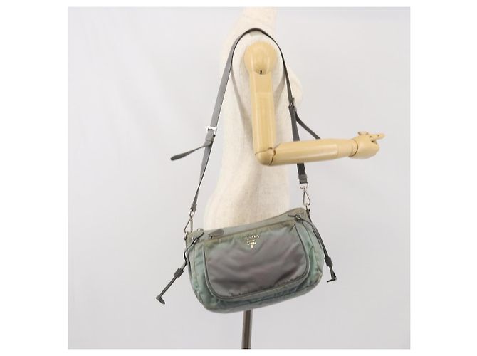 PRADA Schultertasche Nylon Grau Silber Authentisch 170376 Braun - Ansicht 27
