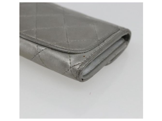 CHANEL Matelasse Card Case Leather Silver CC Auth 171336 Silvery - view 10