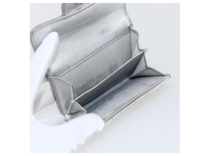 CHANEL Matelasse Card Case Leather Silver CC Auth 171336 Silvery - view 13