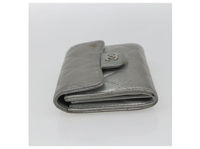 CHANEL Matelasse Card Case Leather Silver CC Auth 171336 Silvery - view 4