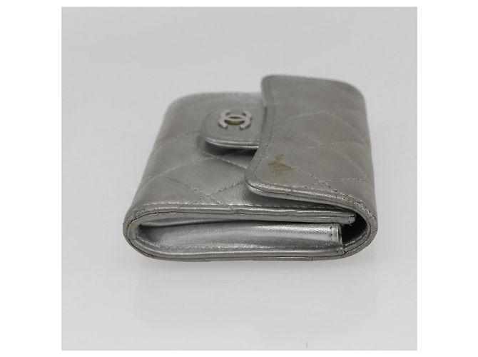 CHANEL Matelasse Card Case Leather Silver CC Auth 171336 Silvery - view 5