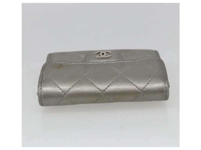 CHANEL Matelasse Card Case Leather Silver CC Auth 171336 Silvery - view 6