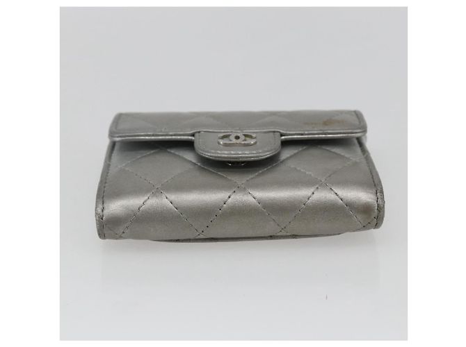 CHANEL Matelasse Card Case Leather Silver CC Auth 171336 Silvery - view 7