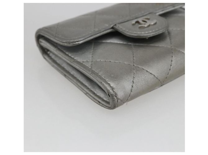 CHANEL Matelasse Card Case Leather Silver CC Auth 171336 Silvery - view 9
