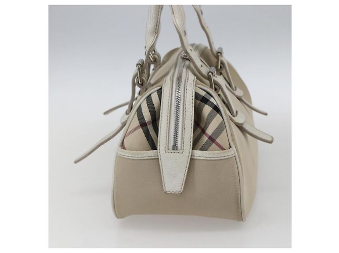 Bolsa de mão em lona bege com estampa Nova Check Burberry prata autêntica BA10799 - vista 4