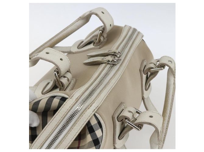 Bolsa de mão em lona bege com estampa Nova Check Burberry prata autêntica BA10799 - vista 6