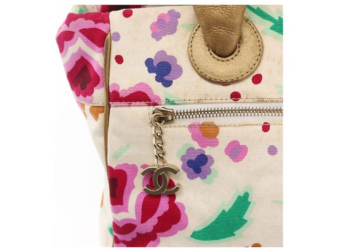 CHANEL Bolsa de Mão em Lona Marfim Ouro CC Auth BA10783 Dourado Cru - vista 14