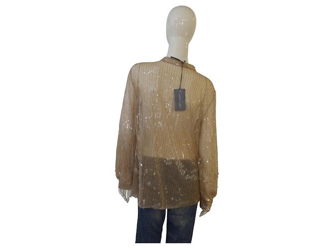 NWT Alberta Ferretti Blusa Transparente de Seda com Apliques de Lantejoulas Nudes Top de Noite IT 44 Bege - vista 2
